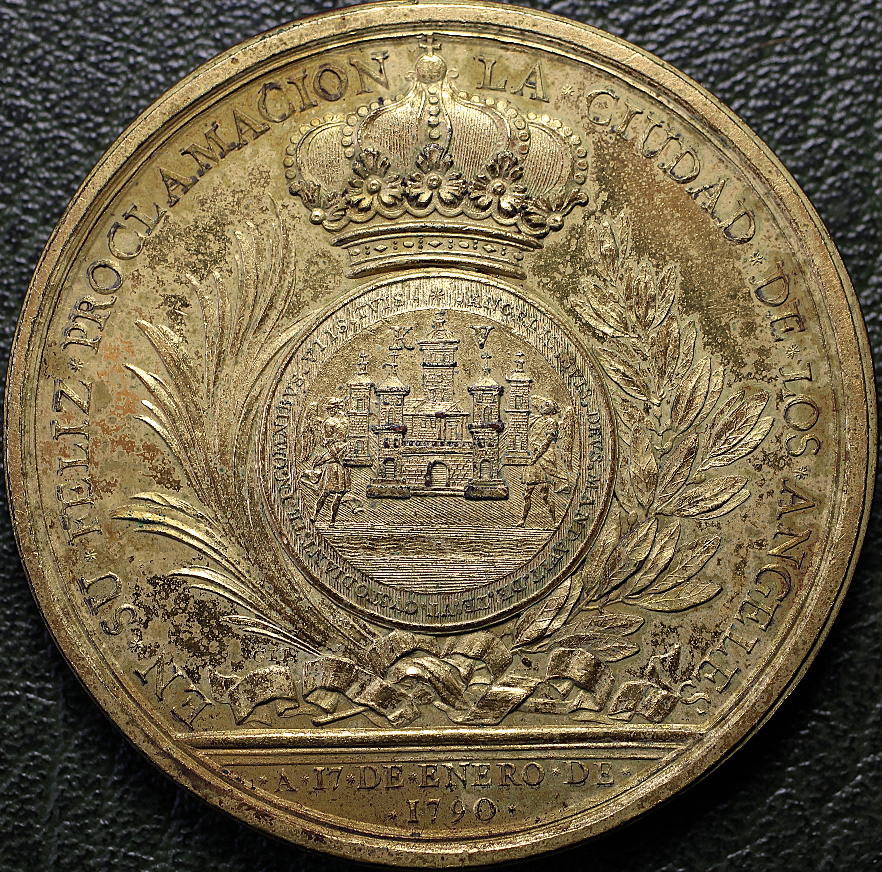 N. España Medalla Proclamación Carlos IV 1790 - Puebla de los Ángeles  - Bronce Dorado