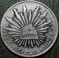 República Mexicana 8 Reales 1869 C CE - Resplandor (Caps & Rays) - Ceca Culiacán - Escasa - Plata