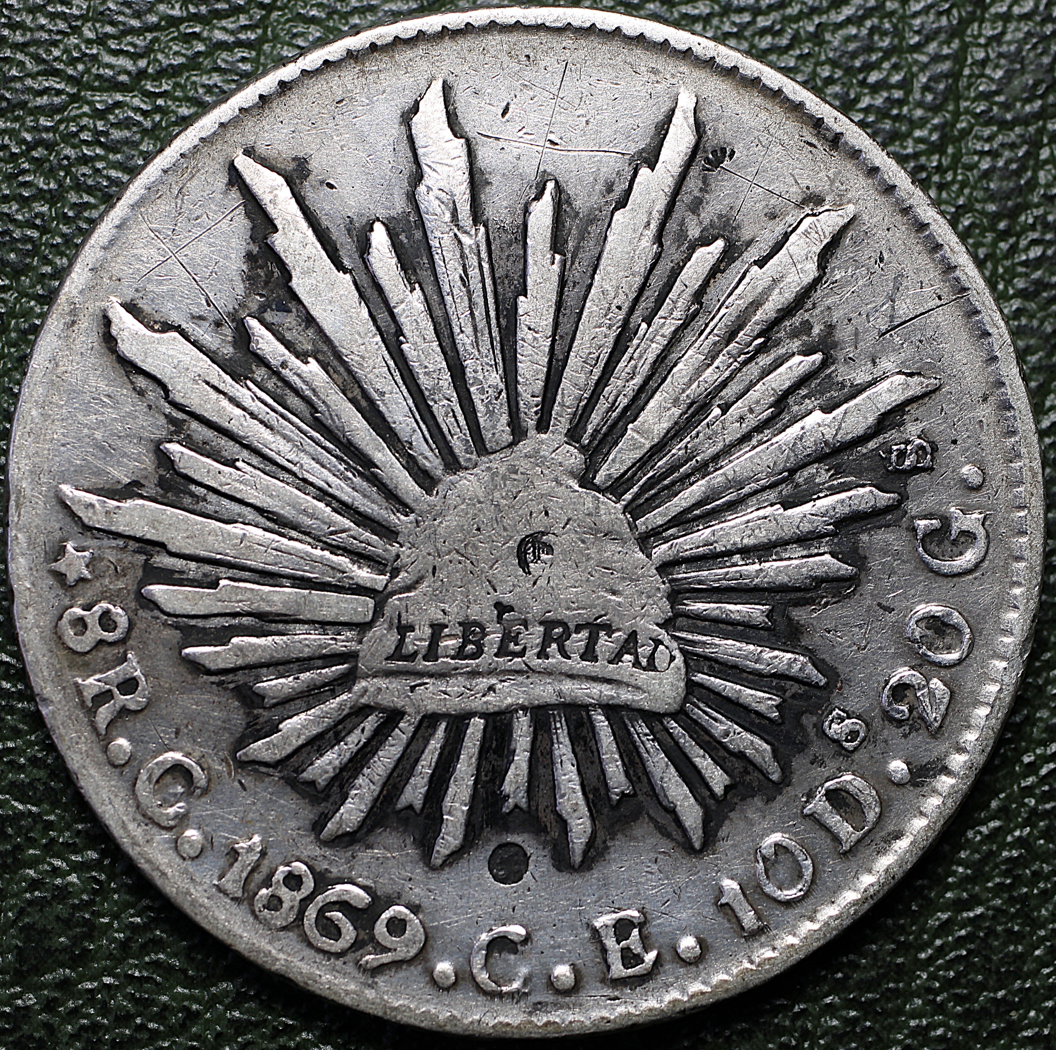 República Mexicana 8 Reales 1869 C CE - Resplandor (Caps & Rays) - Ceca Culiacán - Escasa - Plata