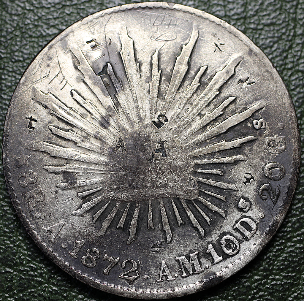 República Mexicana 8 Reales 1872 A AM - Resplandor (Caps & Rays) - Ceca Álamos - Escasa - Plat