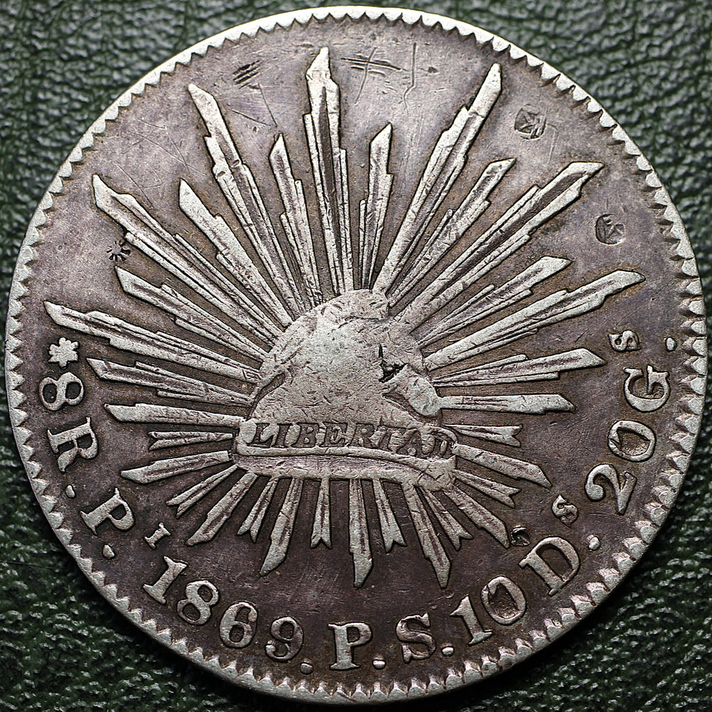8 REALES DE PLATA 1869 Pi P.S. SOBREFECHA 9/8 CON RESELLOS CHINOS (CHOPMARKS) — CECA DE SAN LUIS POTOSÍ
