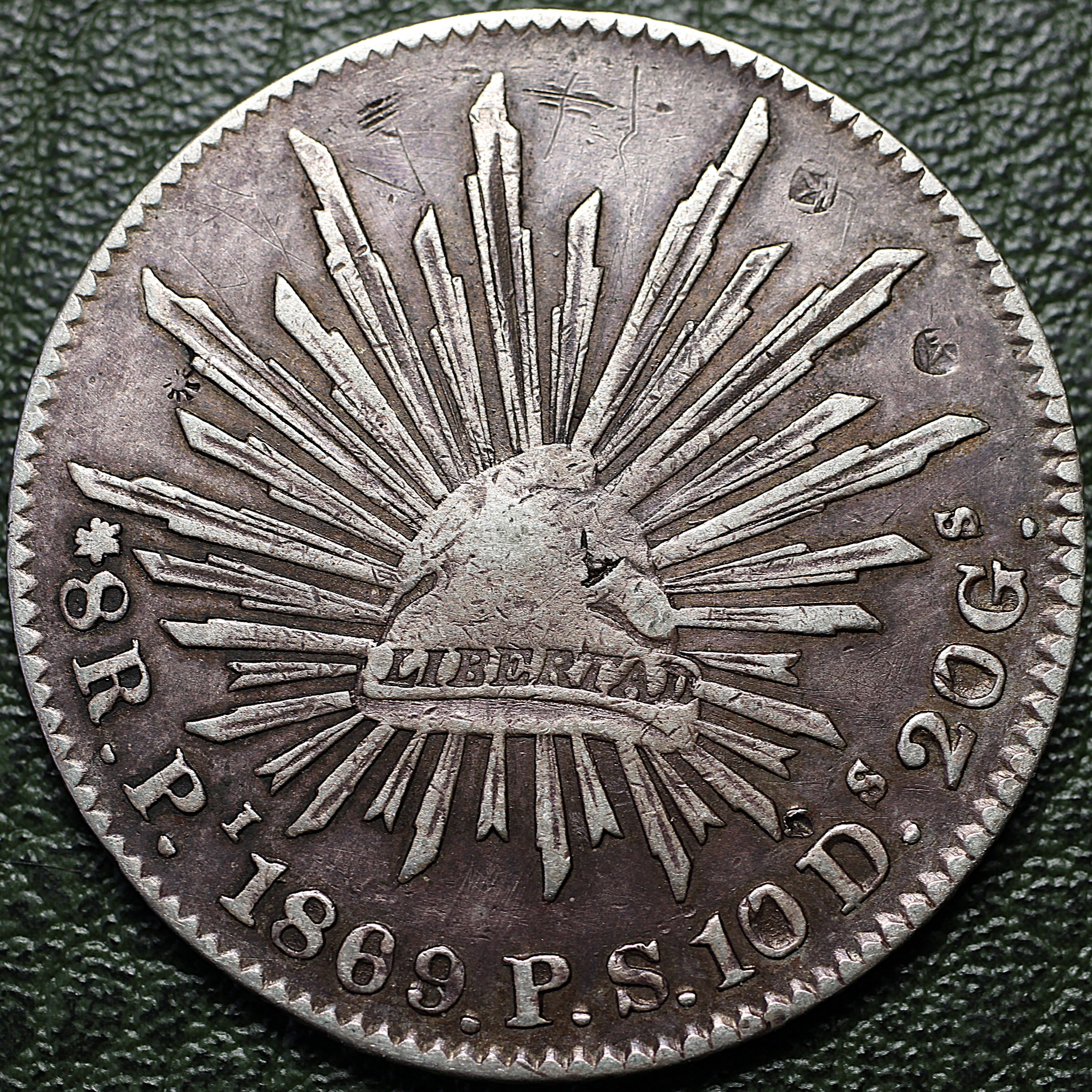 8 REALES DE PLATA 1869 Pi P.S. SOBREFECHA 9/8 CON RESELLOS CHINOS (CHOPMARKS) — CECA DE SAN LUIS POTOSÍ