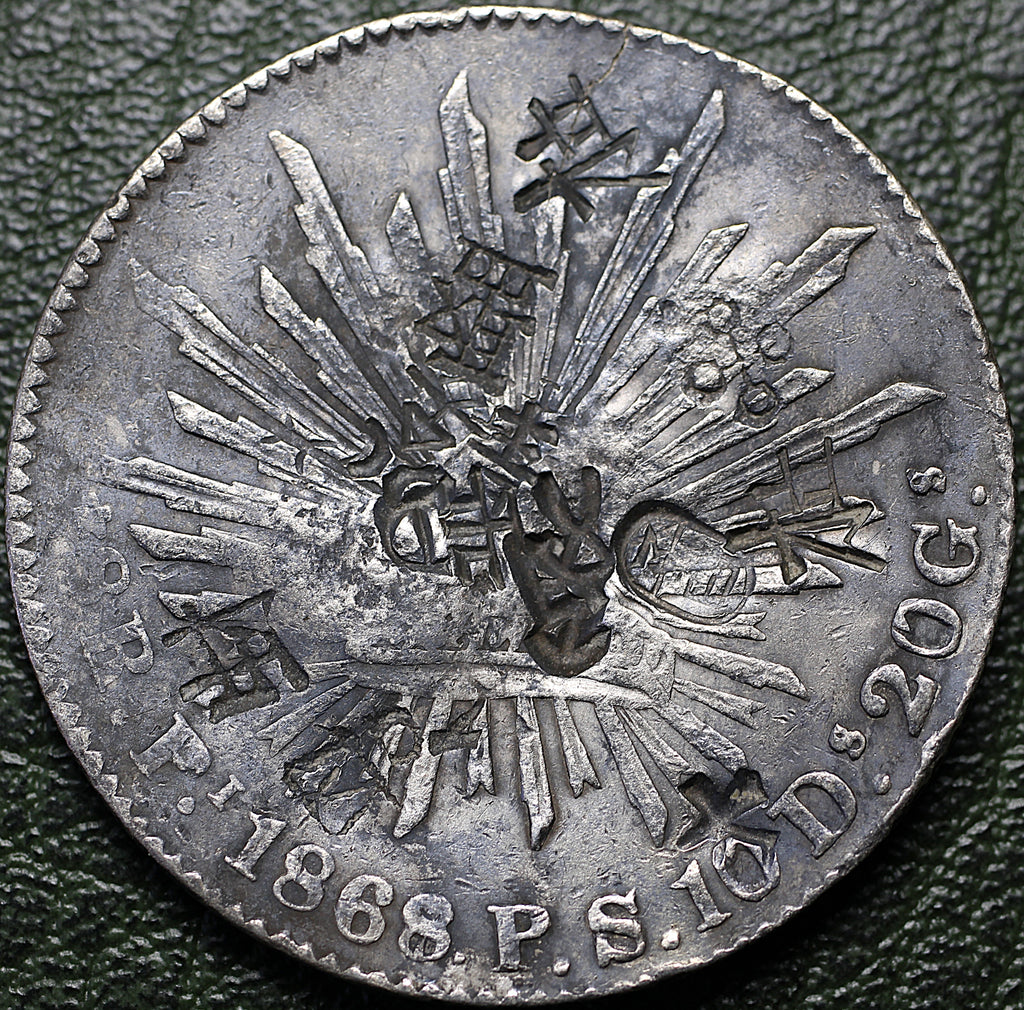 República Mexicana 8 Reales 1868/7 P S - Resplandor - Sobrefecha 8/7 - Con Resellos Chinos (Chopmarks) - Plata