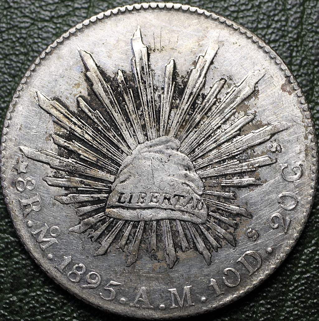 República Mexicana 8 Reales 1895 Mo AM - Resplandor - Con Restos de Chops de Tinta Chinos - Plata
