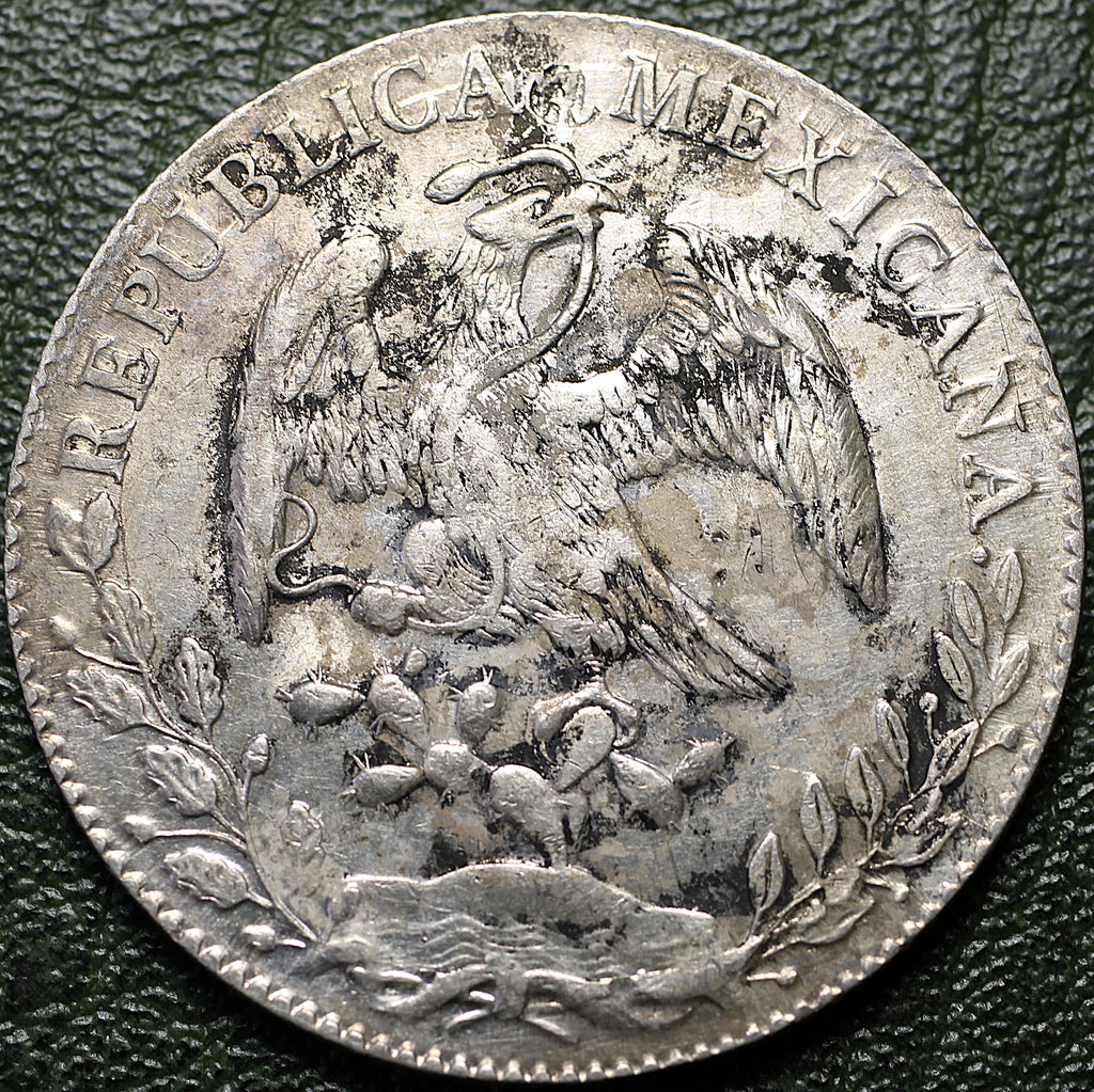 República Mexicana 8 Reales 1895 Mo AM - Resplandor - Con Restos de Chops de Tinta Chinos - Plata