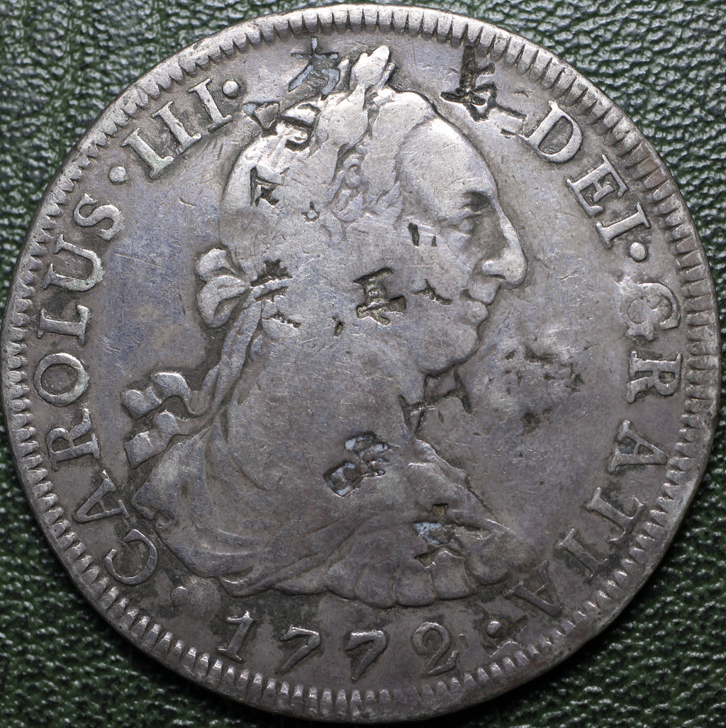 México 8 Reales 1772 Mo FM - Primer Año Busto (Chopmarked)