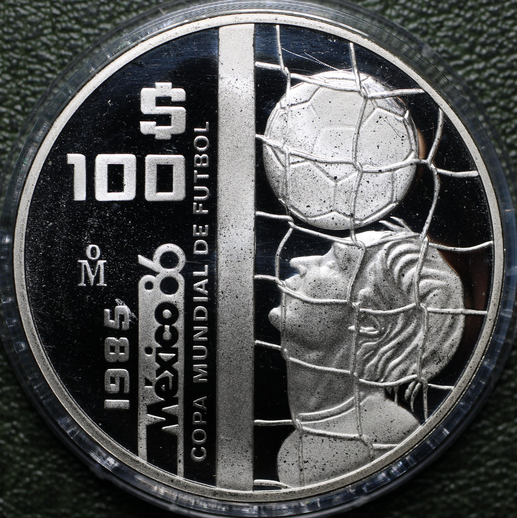 México $100 Pesos 1985 Mundial Futbol - 1 Oz Plata (Proof)