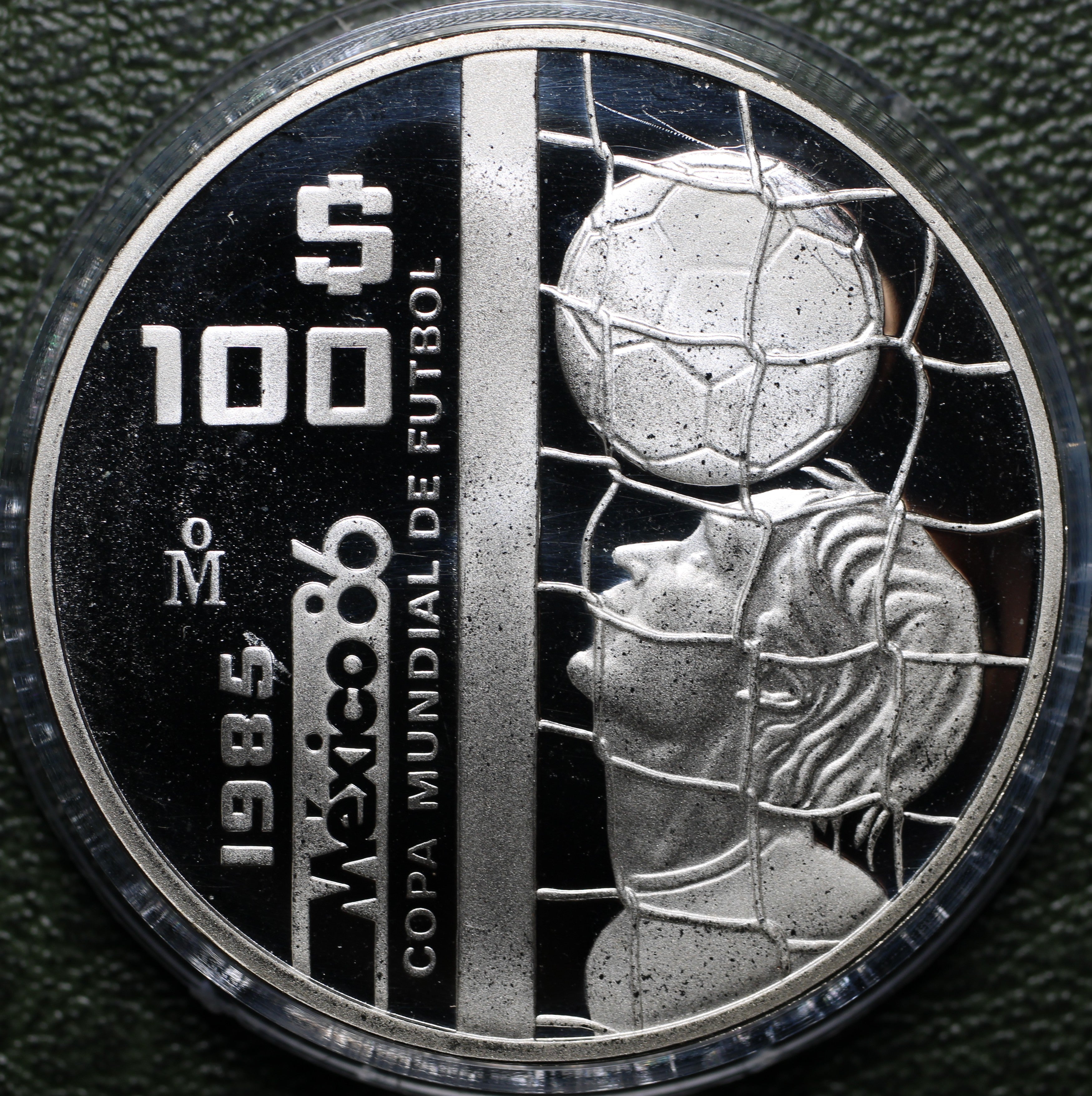 México $100 Pesos 1985 Mundial Futbol - 1 Oz Plata (Proof)