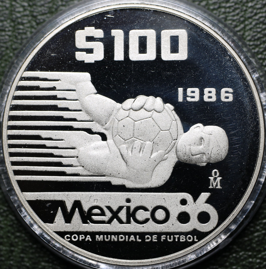 México $100 Pesos 1986 Mundial Futbol - 1 Oz Plata (Proof)
