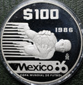 México $100 Pesos 1986 Mundial Futbol - 1 Oz Plata (Proof)