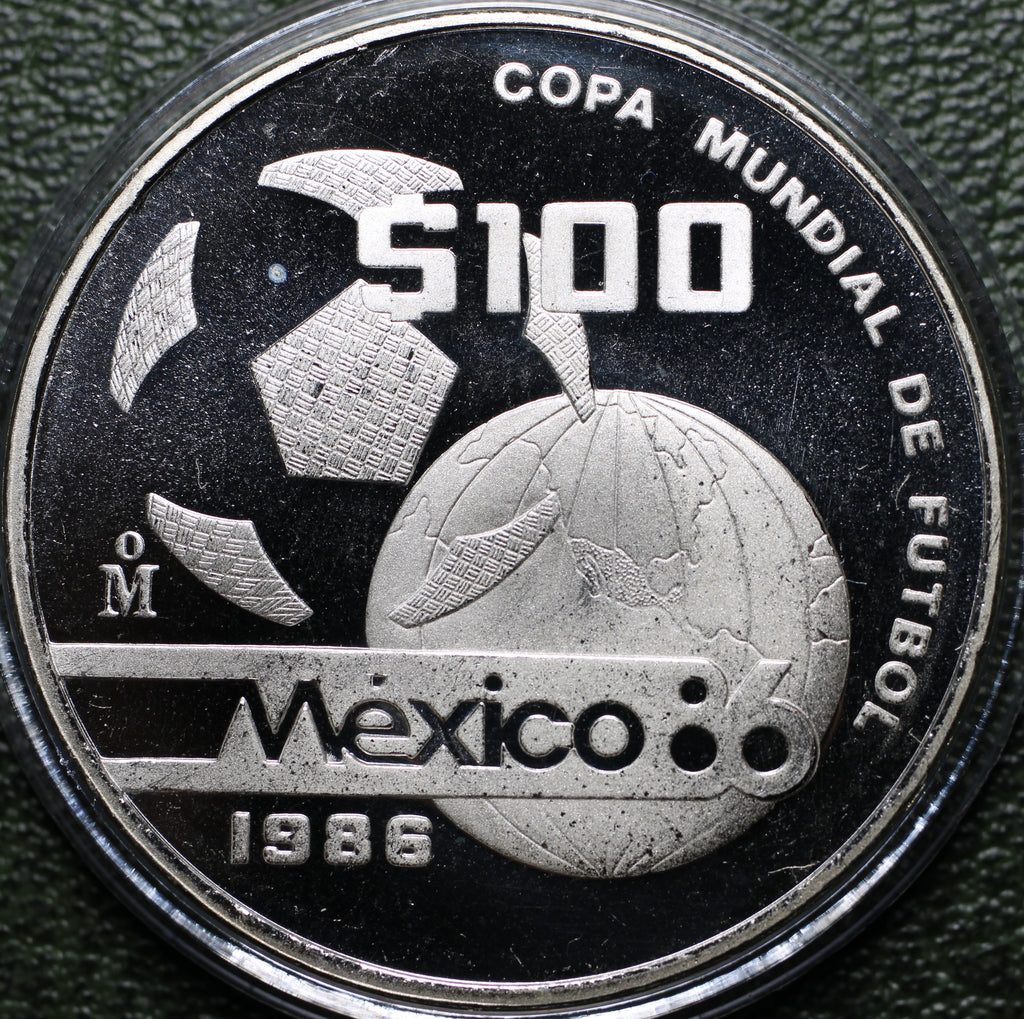 México $100 Pesos 1986 Mundial Futbol - 1 Oz Plata (Proof)