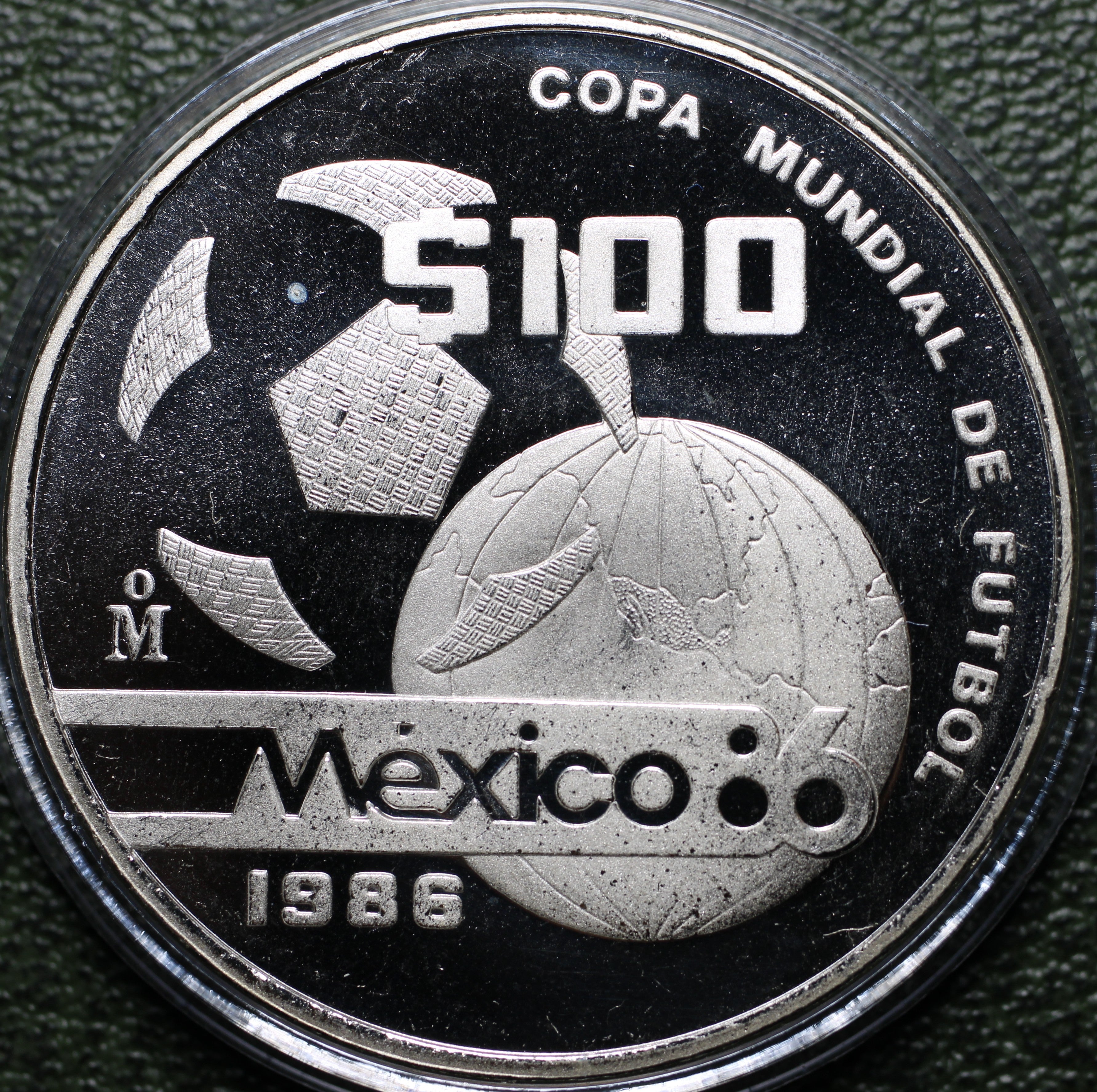 México $100 Pesos 1986 Mundial Futbol - 1 Oz Plata (Proof)