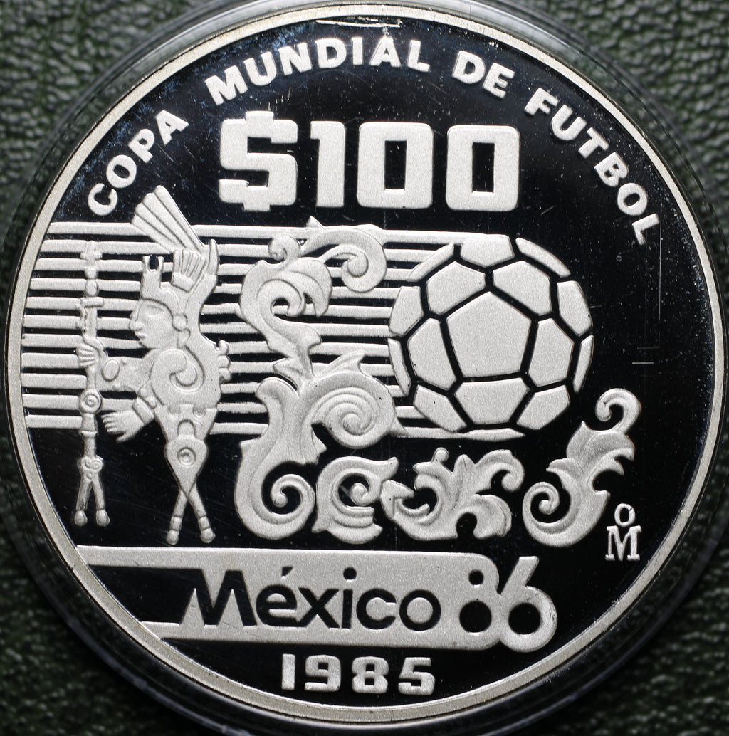 México $100 Pesos 1985 Mundial Futbol - 1 Oz Plata (Proof)
