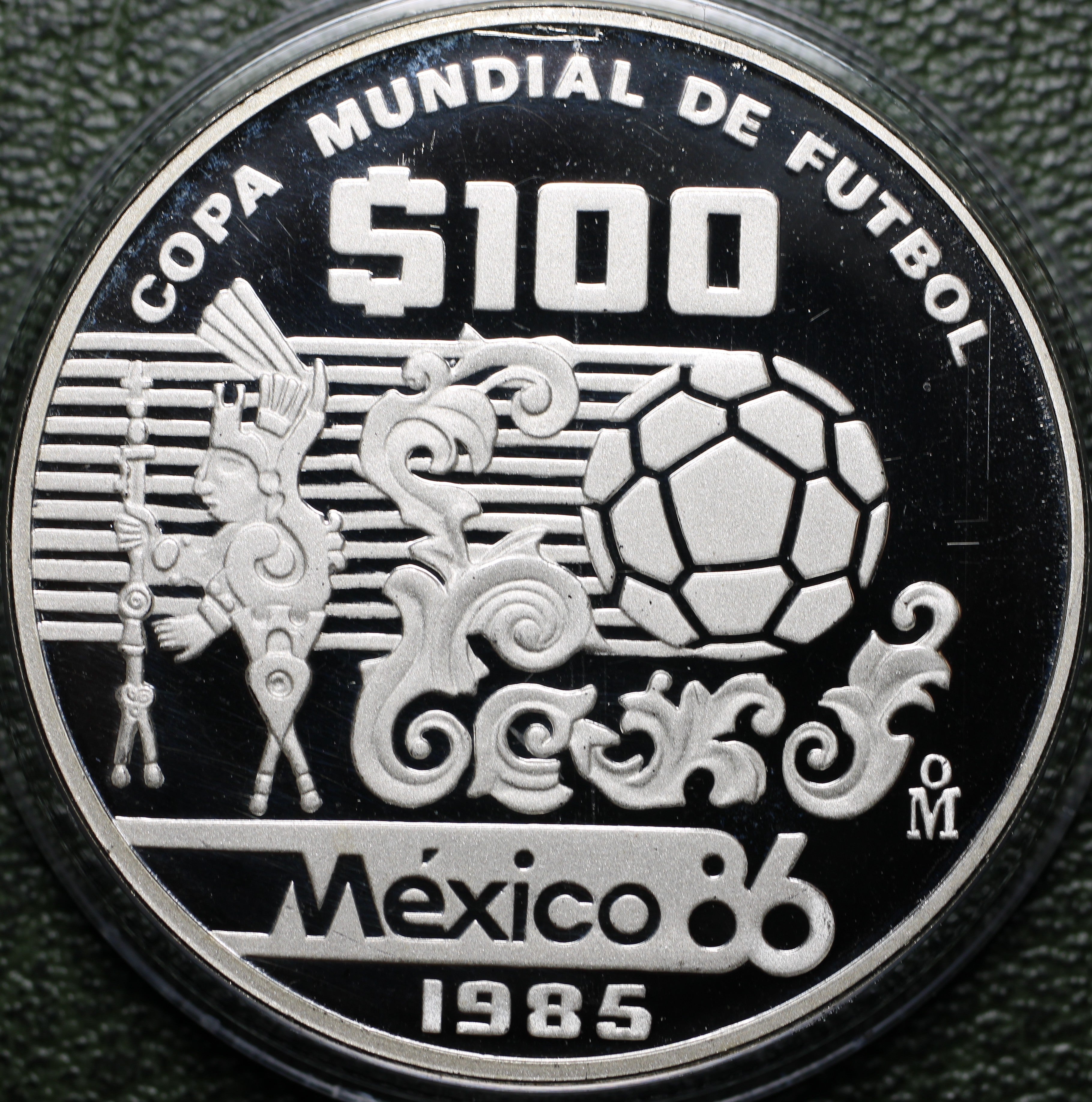 México $100 Pesos 1985 Mundial Futbol - 1 Oz Plata (Proof)
