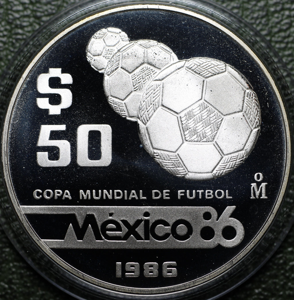México $50 Pesos 1986 Mundial Futbol - 1/2 Oz Plata (Proof)