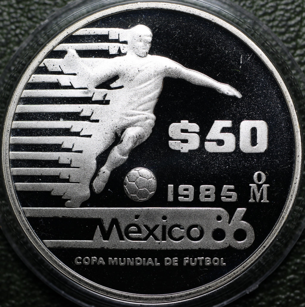 $50 Pesos 1985 Mundial Fútbol 1/2 Oz Plata Proof