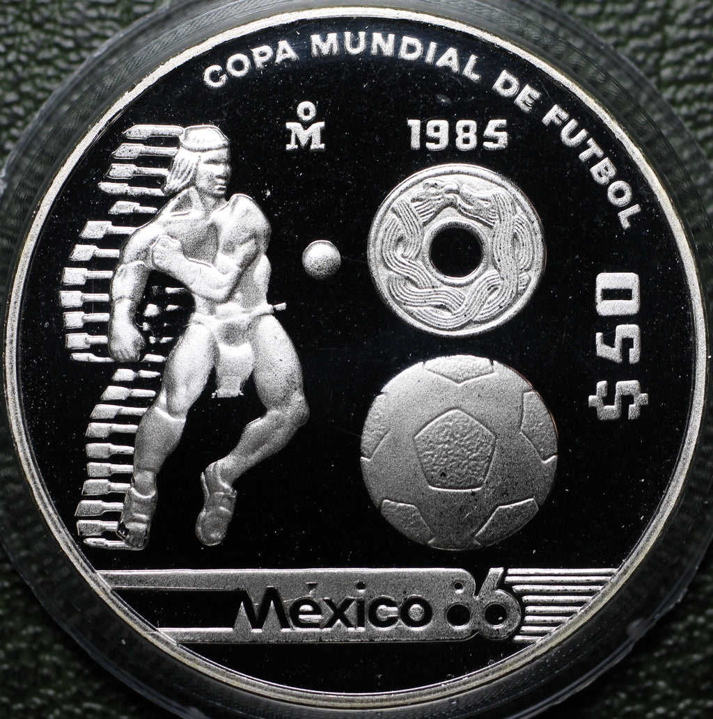 $50 Pesos 1985 Mundial Fútbol 1/2 Oz Plata Proof
