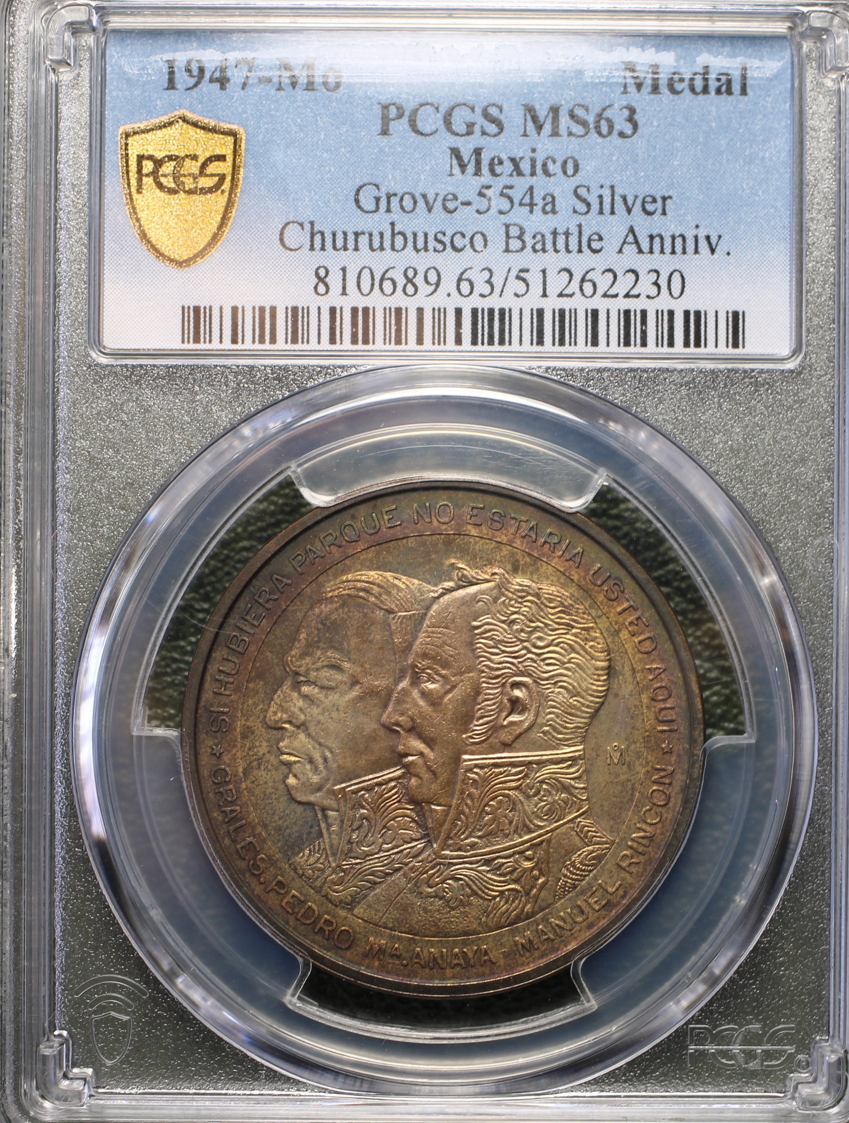 Medalla Plata 1947 Mo Batalla de Churubusco PCGS MS63
