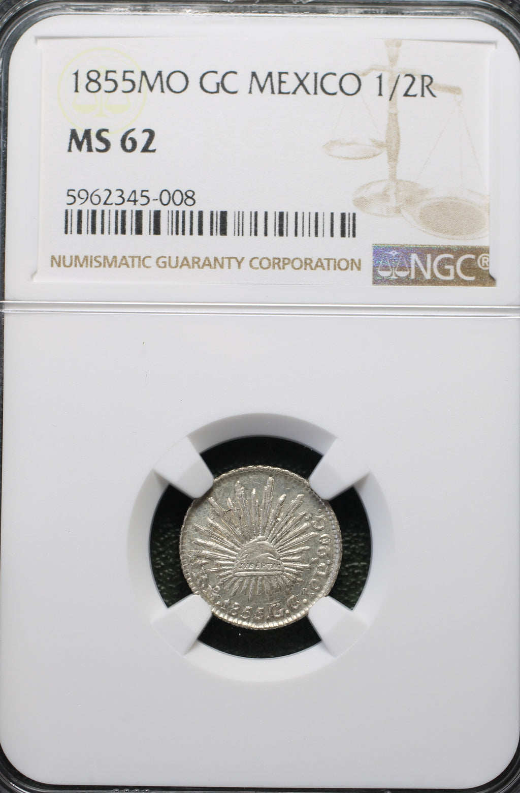 México Plata 1/2 Real 1855 Mo GC NGC MS62