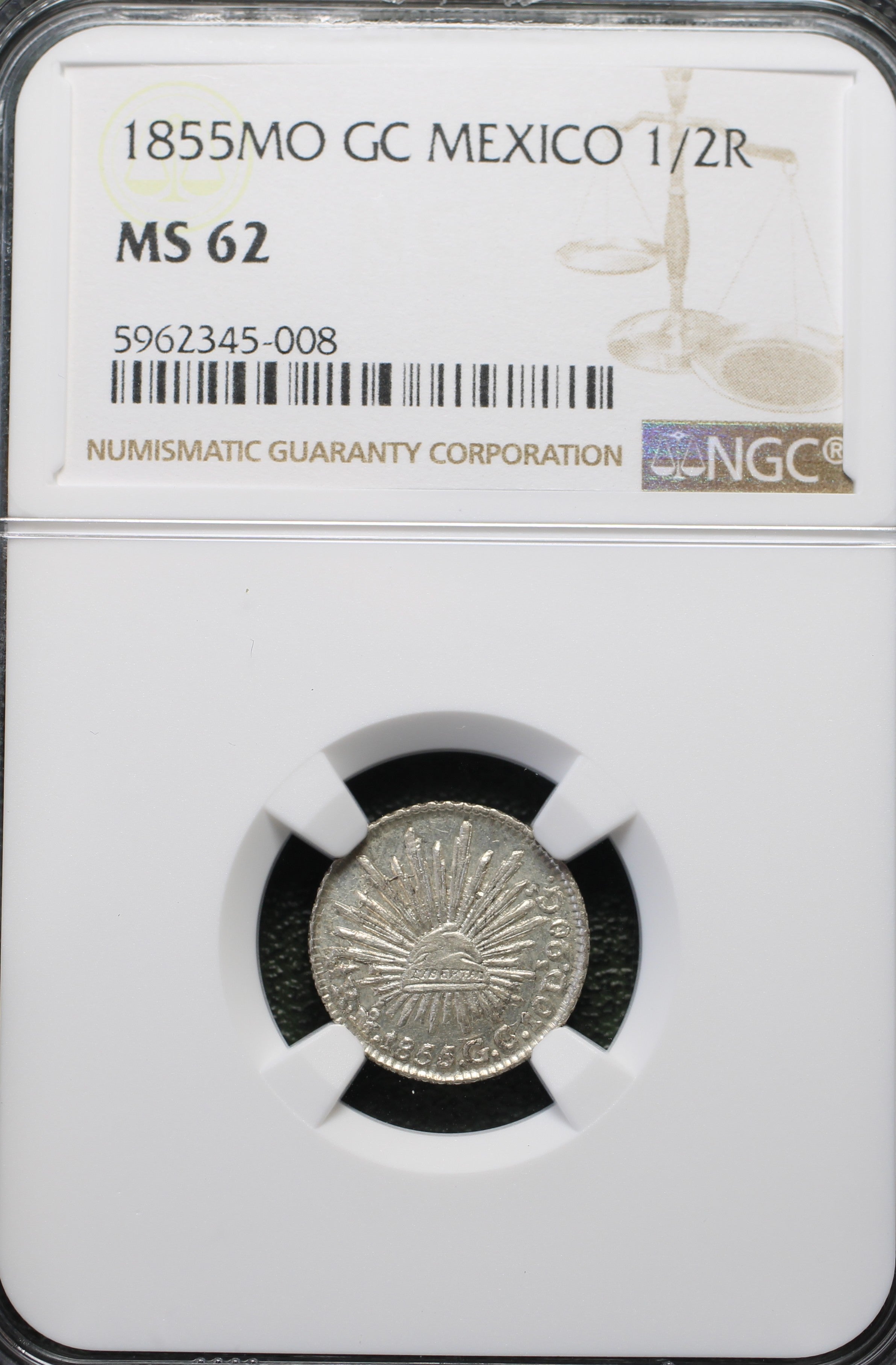 México Plata 1/2 Real 1855 Mo GC NGC MS62
