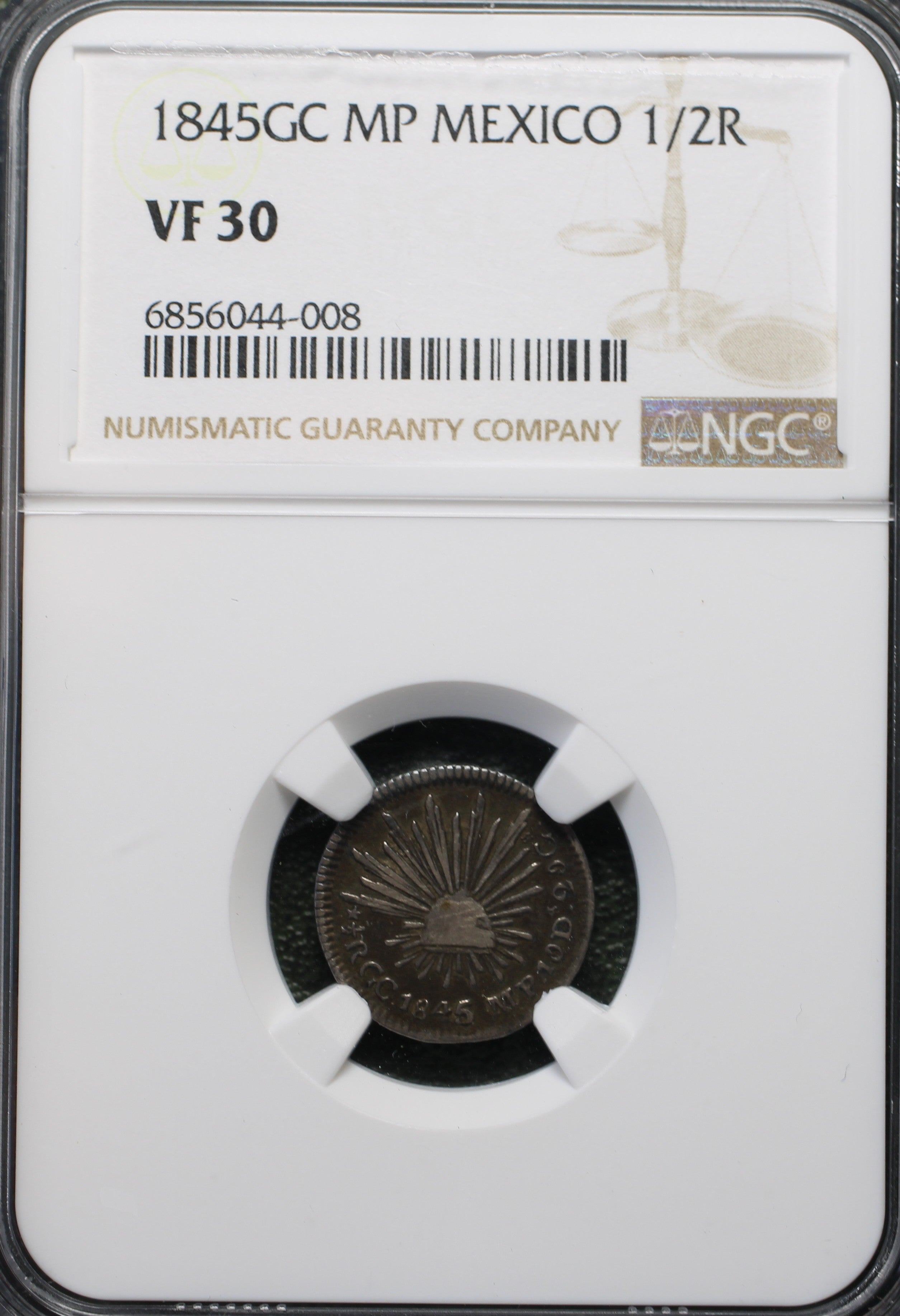 México Plata 1/2 Real 1845 GC MP Resplandor Cap