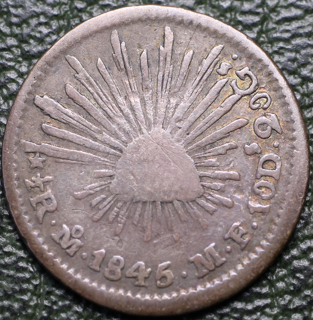 Mexico,  1/2 Real 1845 Mo MF VG-F Plata